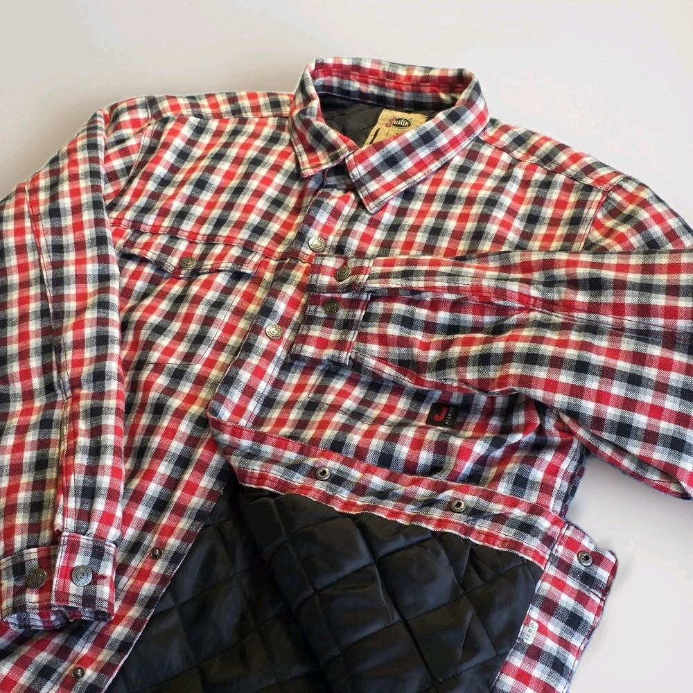 Justin Boots Flannel Shirt Jacket Men's Large Red Window Pane Plaid Push‎ Button